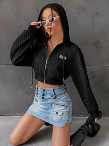 SHEIN EZwear 字母圖案落肩抽繩短版連帽衛衣，秋冬長袖上衣 - 黑色 - 查看 5