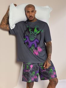 JOKER X SHEIN Men's Cartoon Print Short Sleeve Top & Shorts Loungewear Set - Dark Grey - View 1