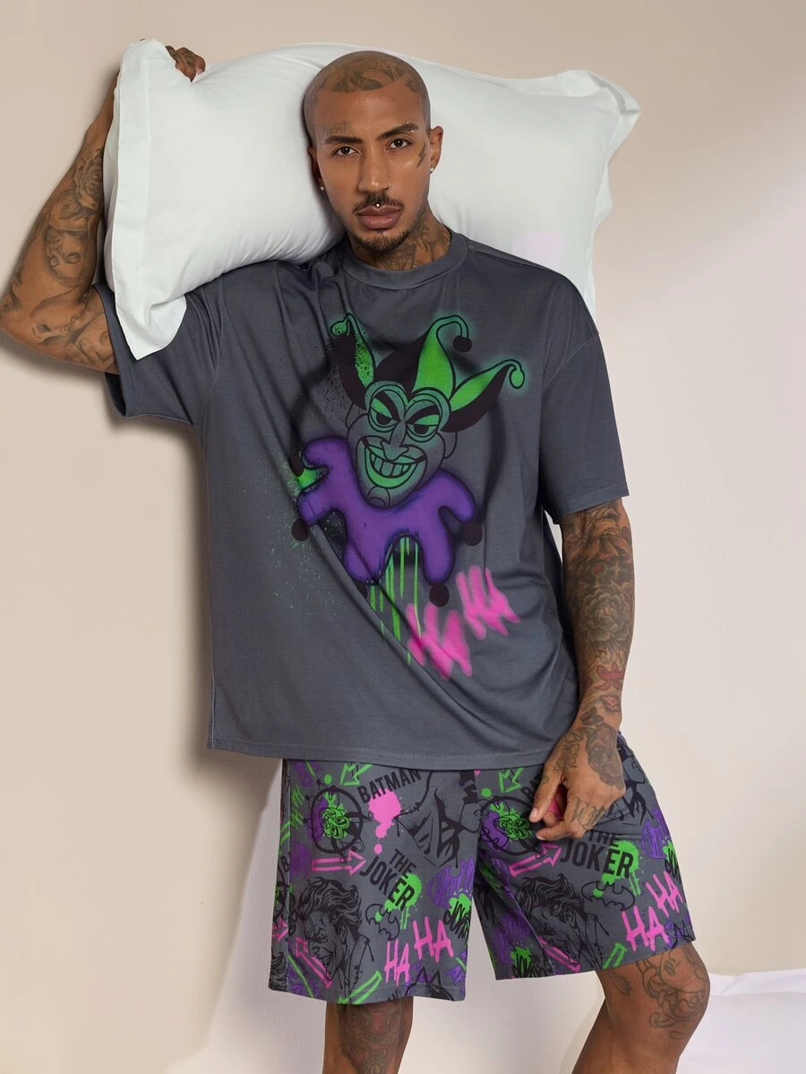JOKER X SHEIN Men's Cartoon Print Short Sleeve Top & Shorts Loungewear Set - Dark Grey - View 1