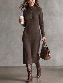LUMIGAL Women's Metal Button High Neck Brushed Ribbed Straight Long Sleeve Loose Mid-Length Dress Casual Commute - Brown - View 5
