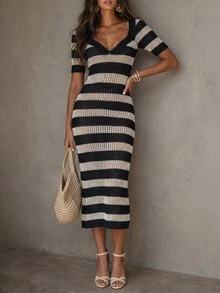 Solivie Women's Slim Fit Striped Colorblock Hollow Out Short Sleeve Knit Dress - Black - View 6