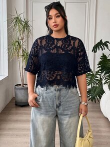 SHEIN EZwear 大尺碼女款性感蕾絲鏤空辣妹上衣 - 藏蓝色 - 查看 6