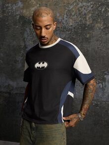 BATMAN X SHEIN Men's Summer Casual Colorblock Patchwork Bat Print T-Shirt - Black - View 5