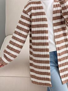 SHEIN 女童條紋休閒百搭日常穿搭開襟衫 - 黑色 - 查看 3