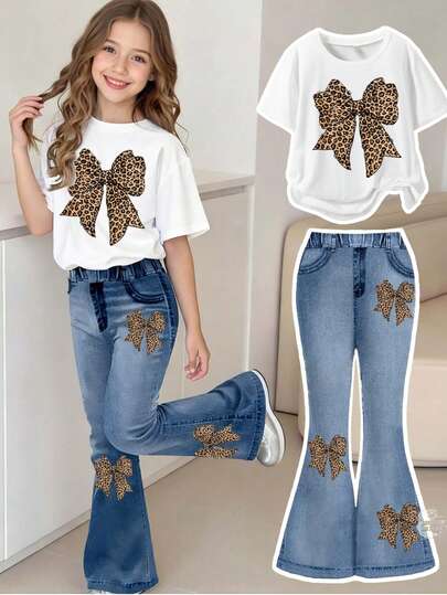 2pcs/Set Casual Fashion Spring Summer Autumn Girls T-Shirt & Flare Pants Set, Bow Leopard Print Pattern, Long Pants & Short Sleeve T-Shirt Outfit, Elastic Soft Fabric, Cute Sweet Design, Fashion Flare Pants Style, Spring Summer Autumn Girls Clothing Set, Girls Flare Pants Outfit