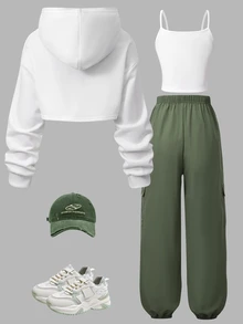 Teen Girls Fall Outfits Tops 3 Pieces Set Letter Print Cropped Long Sleeve Hoodie + Solid Color Camisole Top + White Yellow R Autumn Sixth Form Formal - Army Green - View 2