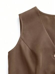 EMERY ROSE Women's Solid Color Single-Breasted Casual Blazer Vest - Khaki - View 6