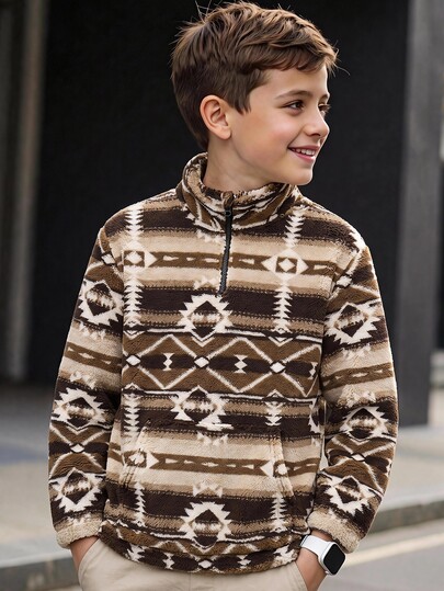 SHEIN Kids Tween Boy Sports Casual Plush Half-Zip Jacket, Suitable For Daily Wear, School, Outings, Sports, Holiday Parties
