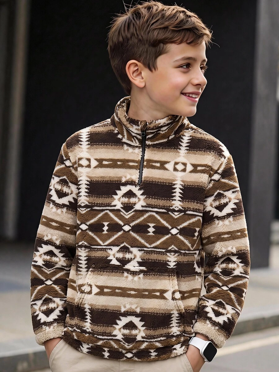 SHEIN Kids Tween Boy Sports Casual Plush Half-Zip Jacket, Suitable For Daily Wear, School, Outings, Sports, Holiday Parties