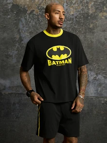 BATMAN X SHEIN Men's Cartoon Pattern Print Contrast Color Short Sleeve T-Shirt - Black - View 7