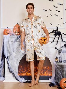 CoupledUp Cartoon Halloween Element Print Faux Silk Men's Pajama Set - Apricot - View 4