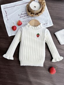 SHEIN 女嬰幼兒針織長袖套頭毛衣，荷葉領羅紋領口，白色/奶油色純色，適合秋冬，百搭日常穿著，時尚優雅，適用於居家、日常、外出與旅行 - 白色 - 查看 4