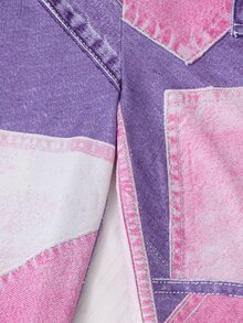 SHEIN 青少年女孩秋季休閒 Y2K 可愛時尚數位印花前扣式吊帶褲 校園風 白色紫色 - 彩色 - 查看 5