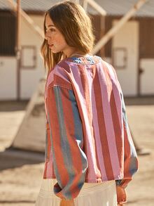WESTFADE Lace Up Front Long Sleeve Striped Denim Top - Multicolor - View 3