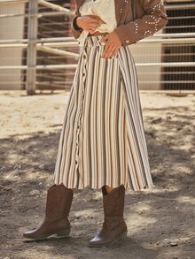 WESTFADE Scalloped Button Front Striped Denim Midi Skirt, Fall, Autumn, Western, Country, Cowgirl, Winter, Rodeo, Back To School, Festival, Concert - Multicolor - View 4