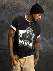 JOKER X SHEIN Men's Cartoon Character Print Short Sleeve T-Shirt - Black - View 1
