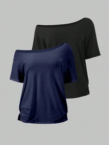 EMERY ROSE Women's Loose Asymmetrical Collar White Plus Size T-Shirt, 2 Pieces Plus Size T-Shirt Set - Black - View 1