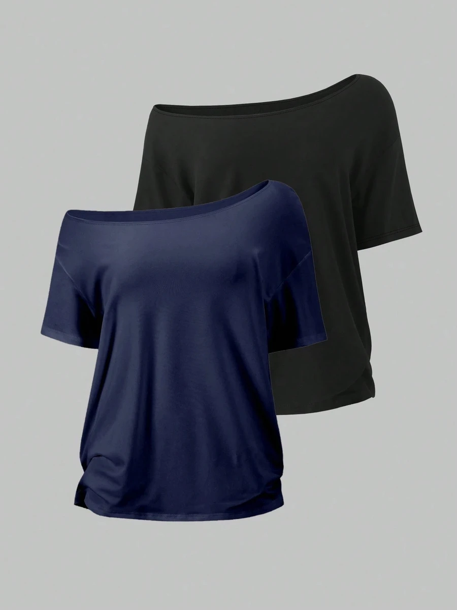 EMERY ROSE Women's Loose Asymmetrical Collar White Plus Size T-Shirt, 2 Pieces Plus Size T-Shirt Set - Black - View 1