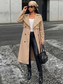 SOLERSUN Spliced Long Trench Coat Double Breasted Windbreaker Loose Oversized Business Casual Elegant Outerwear Daily Commute Autumn Streetwear Office Beige - Brown - View 13