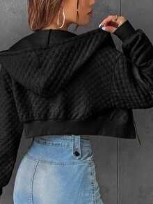 SHEIN EZwear 字母圖案落肩抽繩短版連帽衛衣，秋冬長袖上衣 - 黑色 - 查看 2