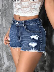 SHEIN PETITE Celana Pendek Denim Kasual Wanita dengan Saku dan Ujung Bawah yang Robek - Medium Wash - View 5