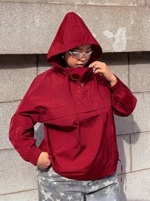 Muchica Plus Size Women's Solid Color Half-Zip Hooded Long Sleeve Jacket Autumn Club Office Red Smart Casual Sport - Red - View 9