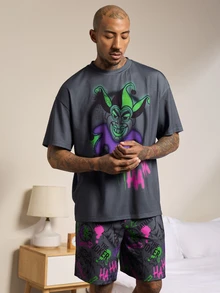 JOKER X SHEIN Men's Cartoon Print Short Sleeve Top & Shorts Loungewear Set - Dark Grey - View 6