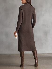 LUMIGAL Women's Metal Button High Neck Brushed Ribbed Straight Long Sleeve Loose Mid-Length Dress Casual Commute - Brown - View 2