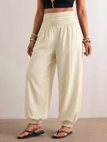 Freevana Plus Size Women Solid Color Pleated Casual Versatile Daily Wear Long Pants - Apricot - View 7