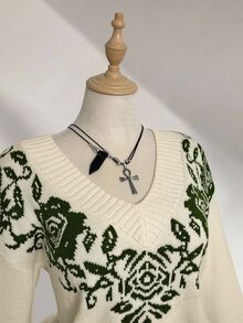 Elamini 復古鄉村風休閒百搭V領提花針織衫，適合早午餐與秋季穿搭 - 彩色 - 查看 4