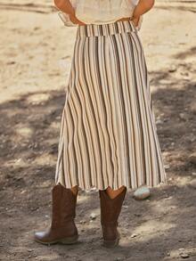 WESTFADE Scalloped Button Front Striped Denim Midi Skirt, Fall, Autumn, Western, Country, Cowgirl, Winter, Rodeo, Back To School, Festival, Concert - Multicolor - View 3