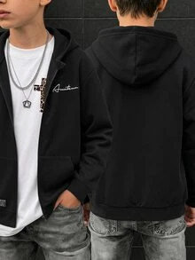 青少年男孩簡約街頭風小字母印花連帽衛衣，休閒學院風舒適時尚極簡百搭，柔軟面料，適合日常穿著、上學、旅行、戶外運動，四季皆宜 - 黑色 - 查看 6