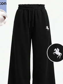 SHEIN Tween Girl Tween Girl Knight Embroidery Drawstring Waist Loose Casual Sweatpants - Black - View 4