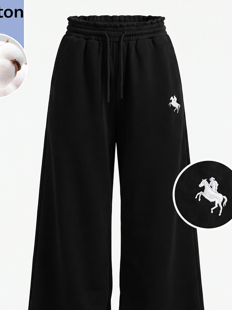 SHEIN Quần nỉ thể thao dáng rộng thắt dây rút eo thêu họa tiết Tween Girl Knight phong cách thường ngày cho bé gái tuổi teen - màu đen - Xem 4
