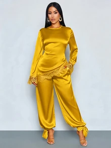 SOLERSUN Early Autumn Women's Casual Elegant Daily Wear Cocktail Dinner Glossy Fabric Flared Sleeve Tie-Waist Lace Pants Set (Random Lace) Mustard Yellow - Mustard Yellow - View 4
