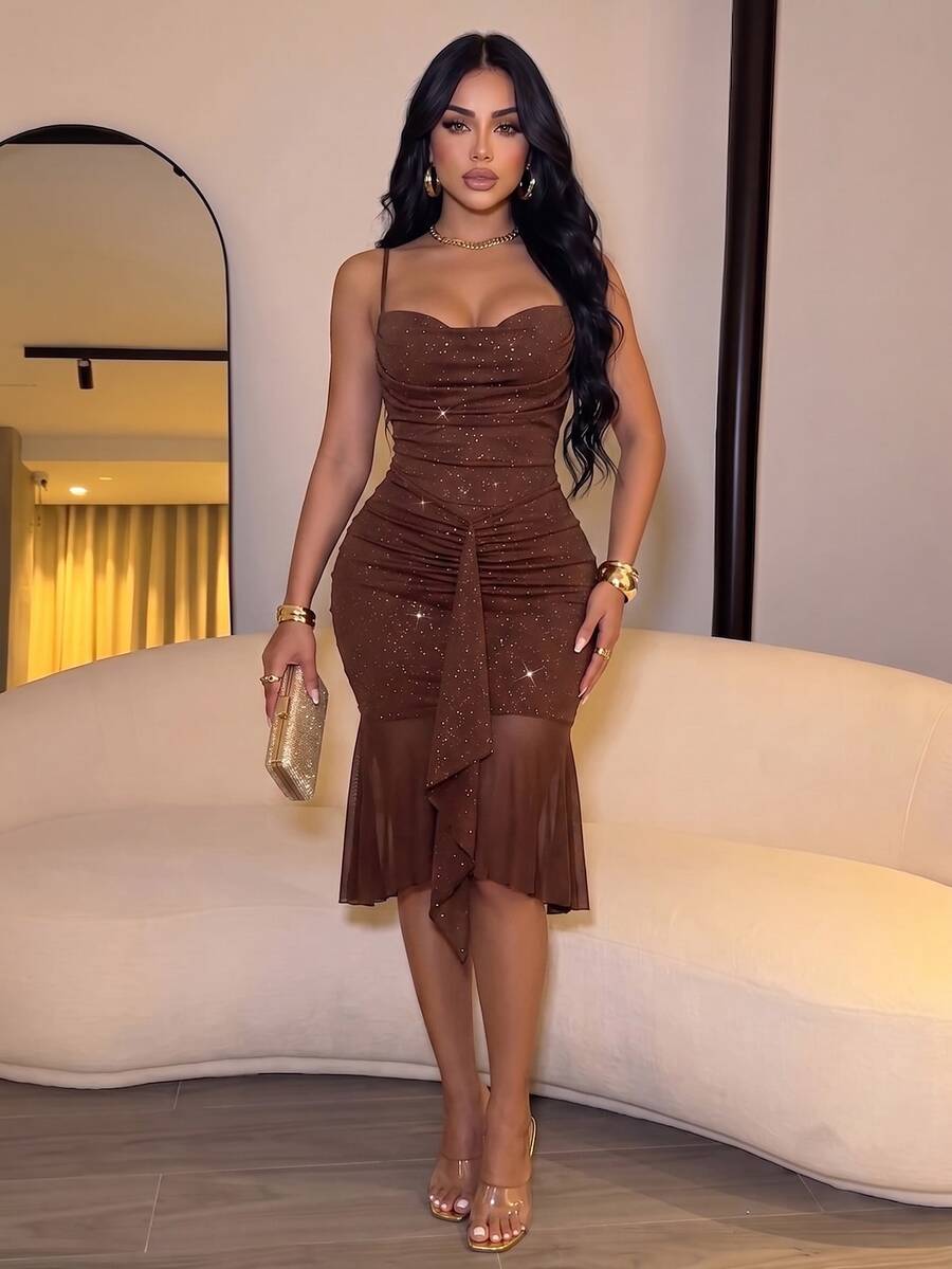 SOLERSUN Women Coffee Brown Glitter Ruched Bodycon Midi Dress Spaghetti Strap Cowl Neck Tie Front Sheer Mesh Ruffle Hem Cocktail Summer Sexy Elegant - Coffee - View 1