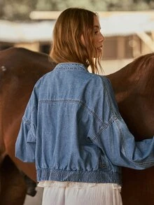 WESTFADE Jaket Bomber Denim Lengan Panjang dengan Kancing Katak, Pakaian Gaya Koboi Barat Musim Gugur/Musim Dingin 2026, Rodeo, Tampilan Wanita Pedesaan, Musim Gugur, Festival - Dark Wash - View 4