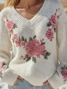 SHEIN Franclia Soft Pink Floral Print V-Neck Dropped Shoulder Long Sleeve Sweater - White - View 4