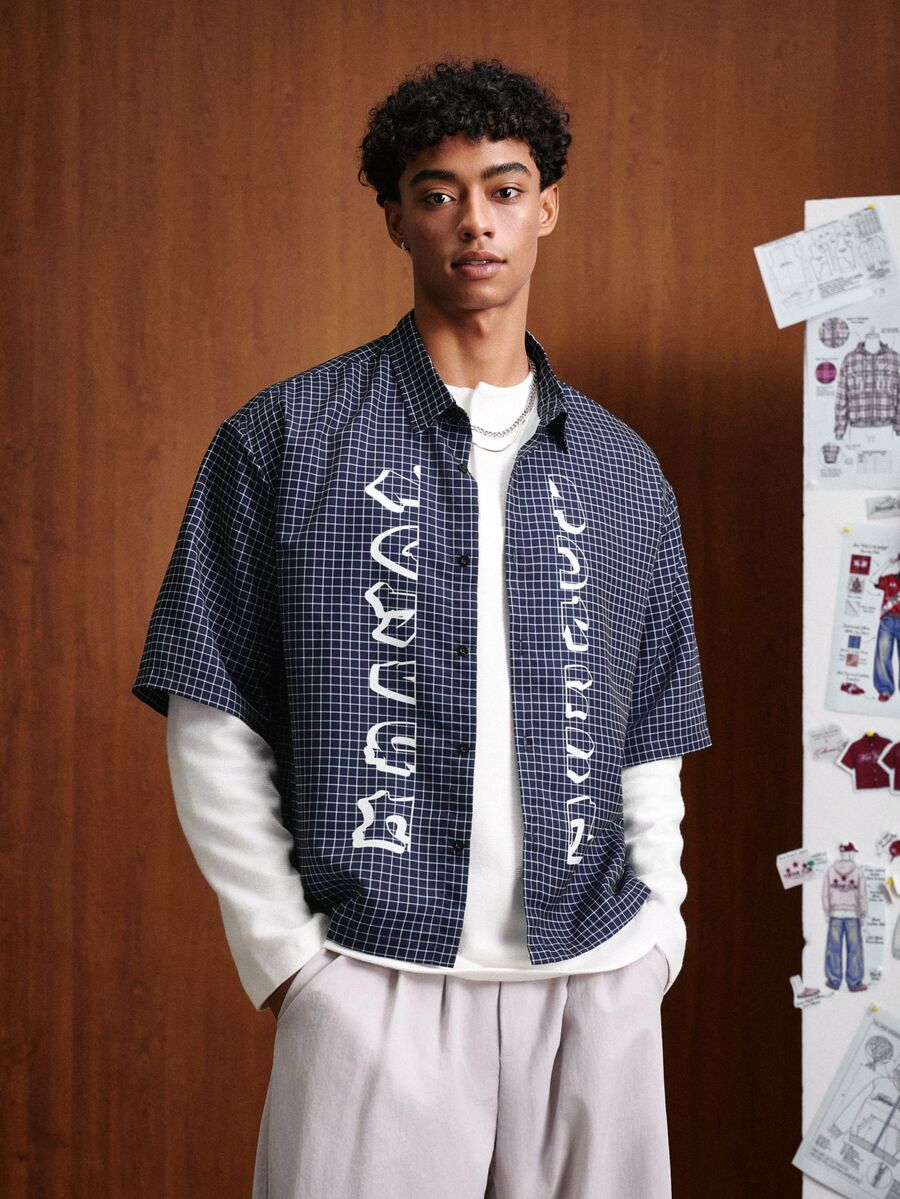TOKVUE 男士格紋襯衫,圖案設計,學院風,年輕街頭穿搭,度假穿著 - 藏蓝色 - 查看 1