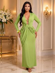 Brilight Sxy Maxi Bodycon Dress Front Knot Ruched Draped Slim Midi Dress For Cocktail Party Wedding Guest Dat - Green - View 8