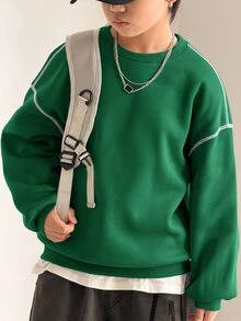 SHEIN 青少年男孩休閒韓系寬鬆百搭對比縫線聖誕綠圓領衛衣，適合通勤、上學、日常休閒外出與運動，秋冬款 - 墨綠色 - 查看 7