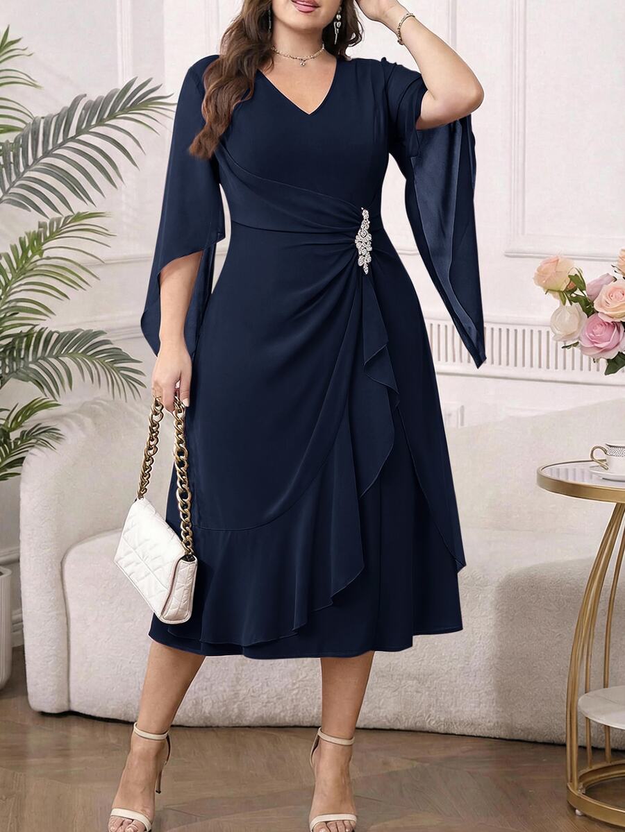 SHEIN Clasi Plus Size Elegant Commuter Rhinestone Decorated Ruffle Hem Dress - Navy Blue - View 1