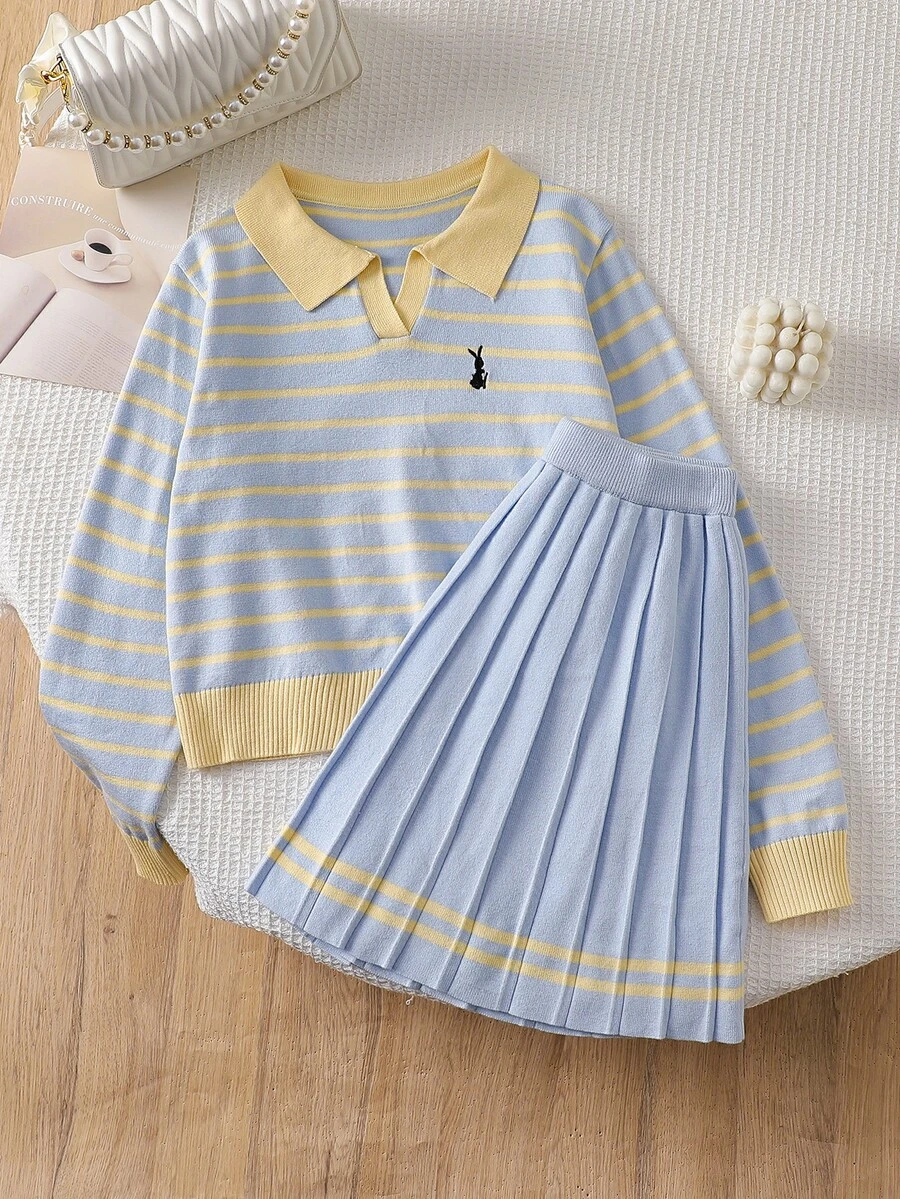 SHEIN Girls Blue Yellow Striped Rabbit Embroidery Knit Sweater & Skirt Two Piece Set, V-Neck Fall Outfit, Elegant Halloween Daily Christmas Winter Wear - Yellow - View 1