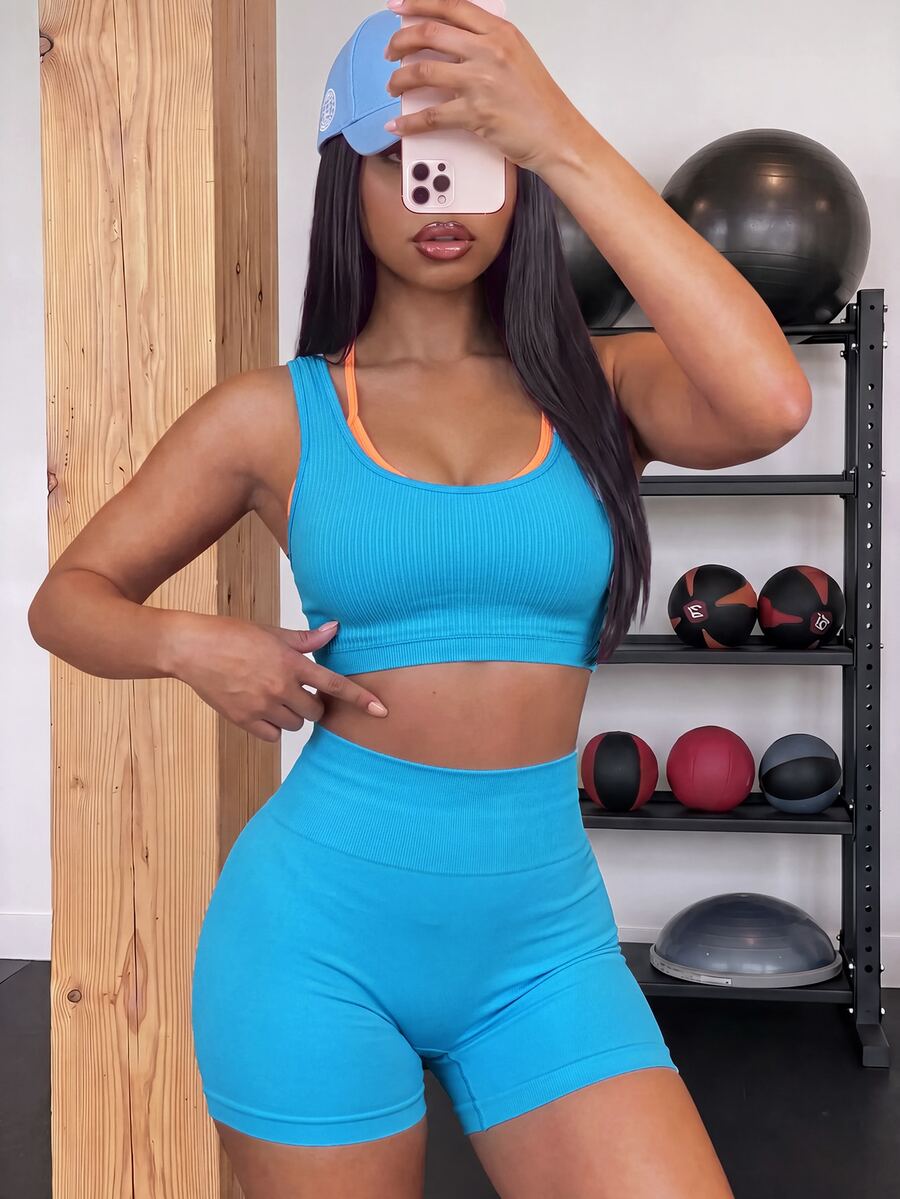 Core Rhythm Women's 2 Pieces Tank Top And Shorts Sports Modest Athleisure Set Gym Bright Blue Summer - Blue - View 1