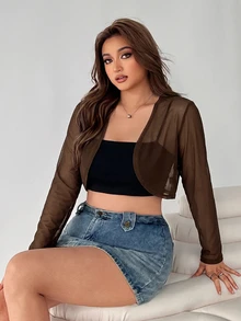 SHEIN EZwear Brown Sheer Mesh Short Jacket Plus Size - Brown - View 3