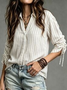 EMERY ROSE Autumn New Casual Loose Vertical Striped Plus Size Shirt, Drawstring Sleeve Design, Daily Commute And Outing Wear Fall - Apricot - View 3