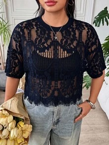 SHEIN EZwear 大尺碼女款性感蕾絲鏤空辣妹上衣 - 藏蓝色 - 查看 2