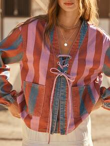 WESTFADE Lace Up Front Long Sleeve Striped Denim Top - Multicolor - View 2