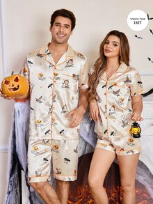 CoupledUp Cartoon Halloween Element Print Faux Silk Men's Pajama Set - Apricot - View 1