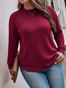 SHEIN LUNE Women's New Autumn/Winter Best-Selling Wide Rib Soft Knit Casual Versatile Plus Size T-Shirt - Red - View 5